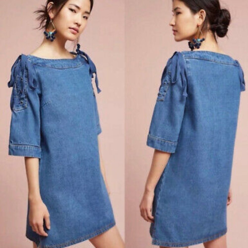 Anthropologie Maeve Denim Tie Shoulder Boatneck Dress Size XSP